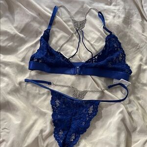 Lace Butterfly Back Bralette & Thong Set - Royal Blue